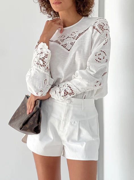 Candice Embroidery & Cutwork Linen Blouse | White | Vita Grace