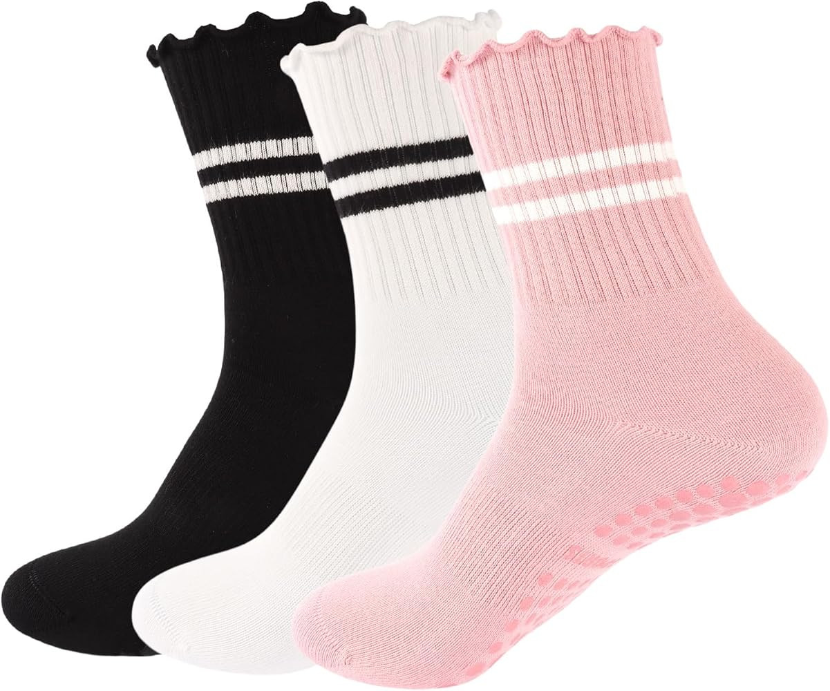 3 Pairs Yoga Socks with Grips, Non Slip Ruffle Pilates Socks Frilly Crew Socks for Barre Barefoot... | Amazon (US)