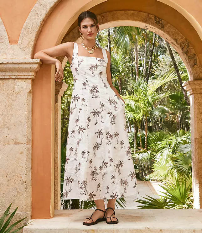 Palm Linen Cotton Seamed Midi Pocket Dress | LOFT