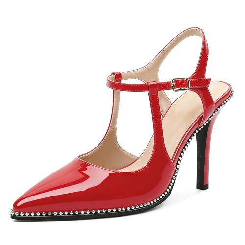 SAMMITOP Red High Heels for Women Closed Pointed Toe Ankle Strap Heels High Heel Stilettos Beaded Pumps Shoes Dressy Patent Leather 3.5 Inch Size 7.5 | Amazon (US)