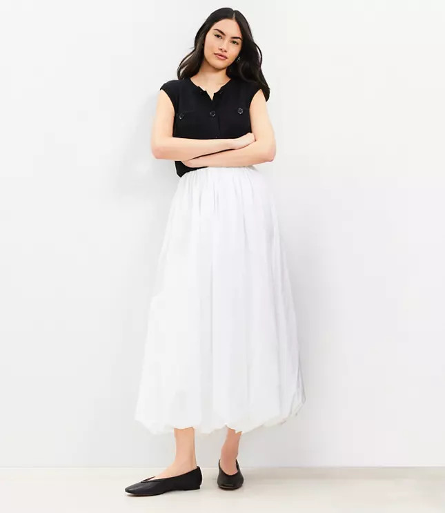 Poplin Ruched Bubble Midi Skirt | LOFT
