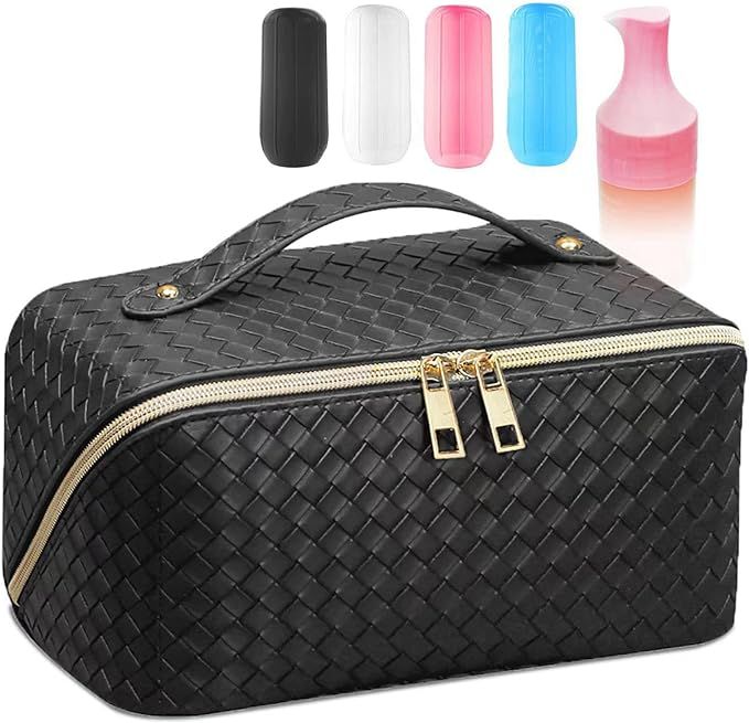 Large Capacity Makeup Cosmetic Bag for Women Come with 4 Leak-Proof Silicone Sleeves, Opens Flat ... | Amazon (US)