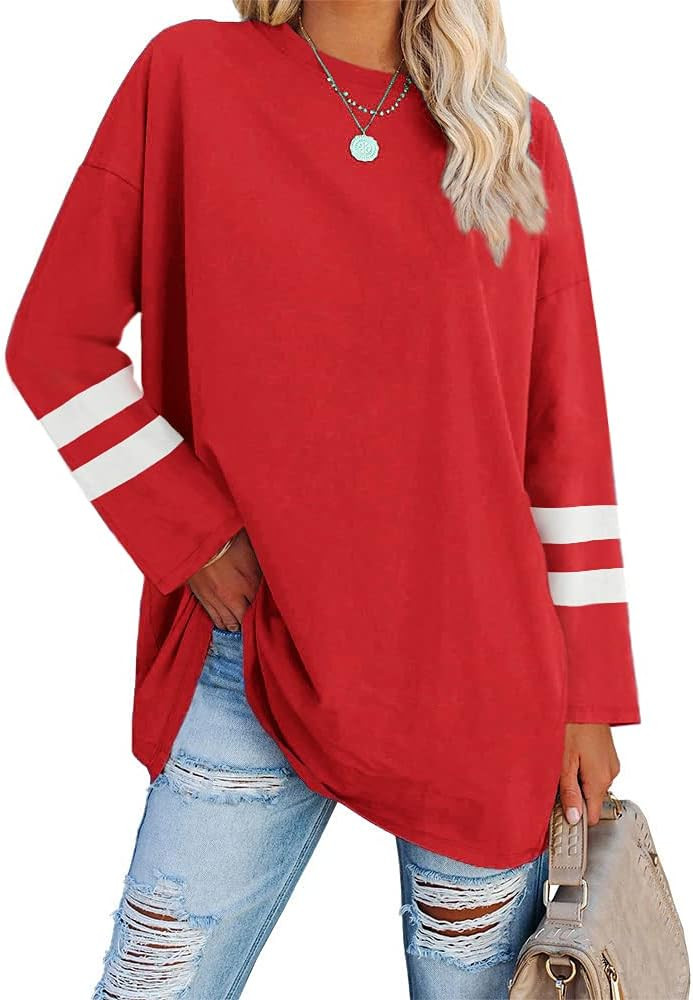 Fisoew Women's Long Sleeve Oversized T Shirts Loose Casual Crewneck Tunic Tops Soft Blouse | Amazon (US)