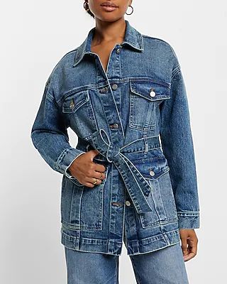 Belted Medium Wash Denim Jacket | Express