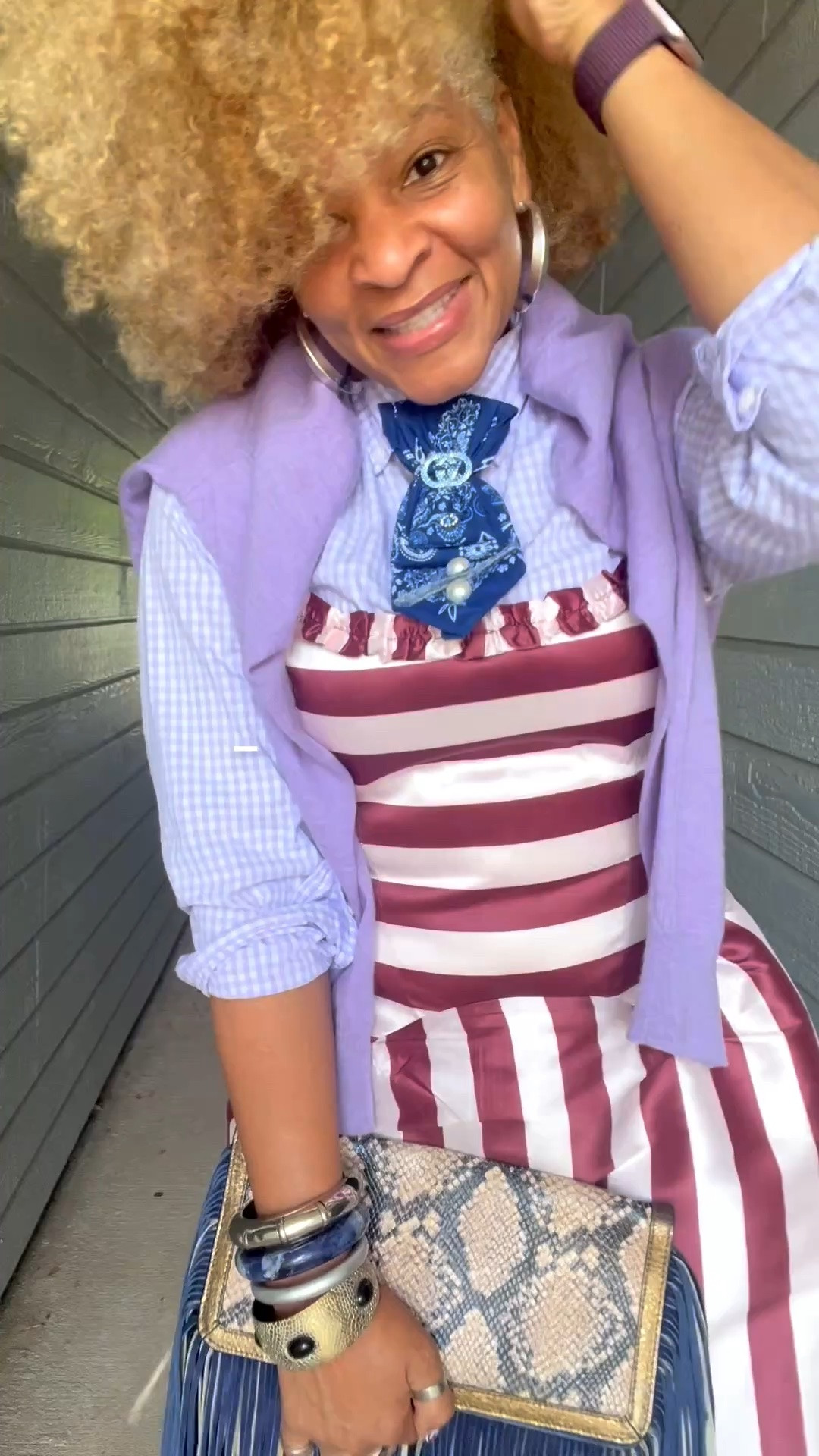Stripes, gingham, bandanna print and snakeskin—oh my! 💙 was for my mom! What do you think? 

1. I would never
2. Somehow you made that shxt work! 😉

Follow @storyslookbook on IG, TikTok or LTK for more inspo! 🙏🏼

#OOTD #MothersDay #MixedPrints #Mashup #TeachersOfInstagram

Dress: @freepeople (linked similar)  
Shirt: @jcrewfactory  
Sweater: @J.Crew  
Sneakers: @seavees  
Bag: @stevemadden-us   
TIE: @etlcabbell (on IG & Facebook)

#LTKdayinmylife #LTKootd #LTKSaleAlert