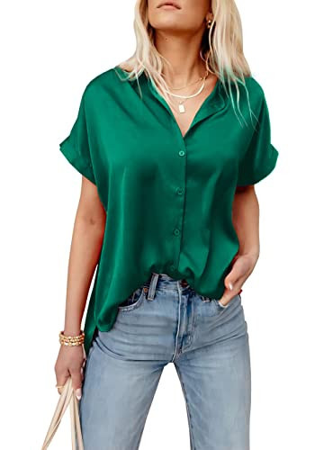 Pausus Womens Silk Button Down Shirt Slim Fit Short Sleeve Work Shirt Satin Blouse(Green,M) | Amazon (US)