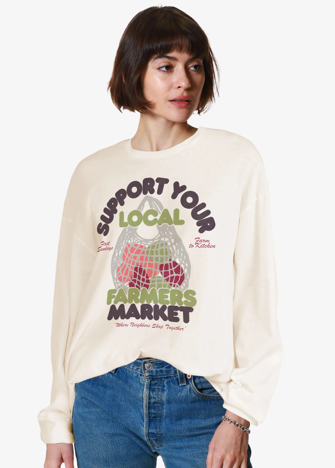 Farmers Market White Relaxed Fit LS Tee | Girl Dangerous