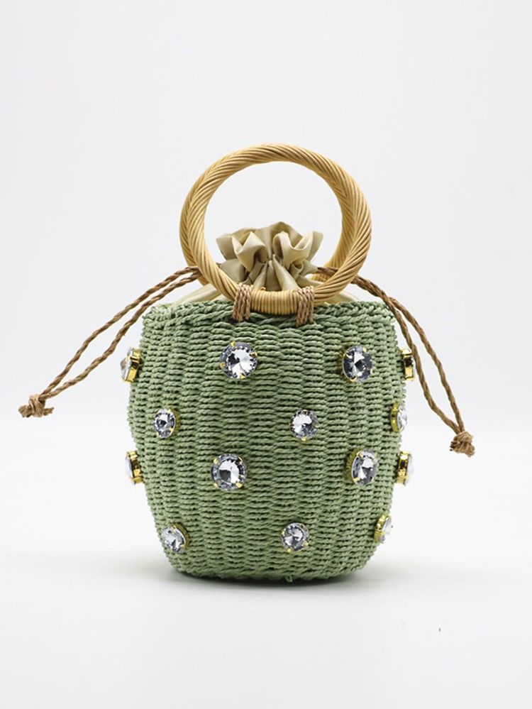 New Handmade Rhinestone Crystal Embellished Straw Bag Small Straw Bucket Bag Lady Travel Purse | SHEIN