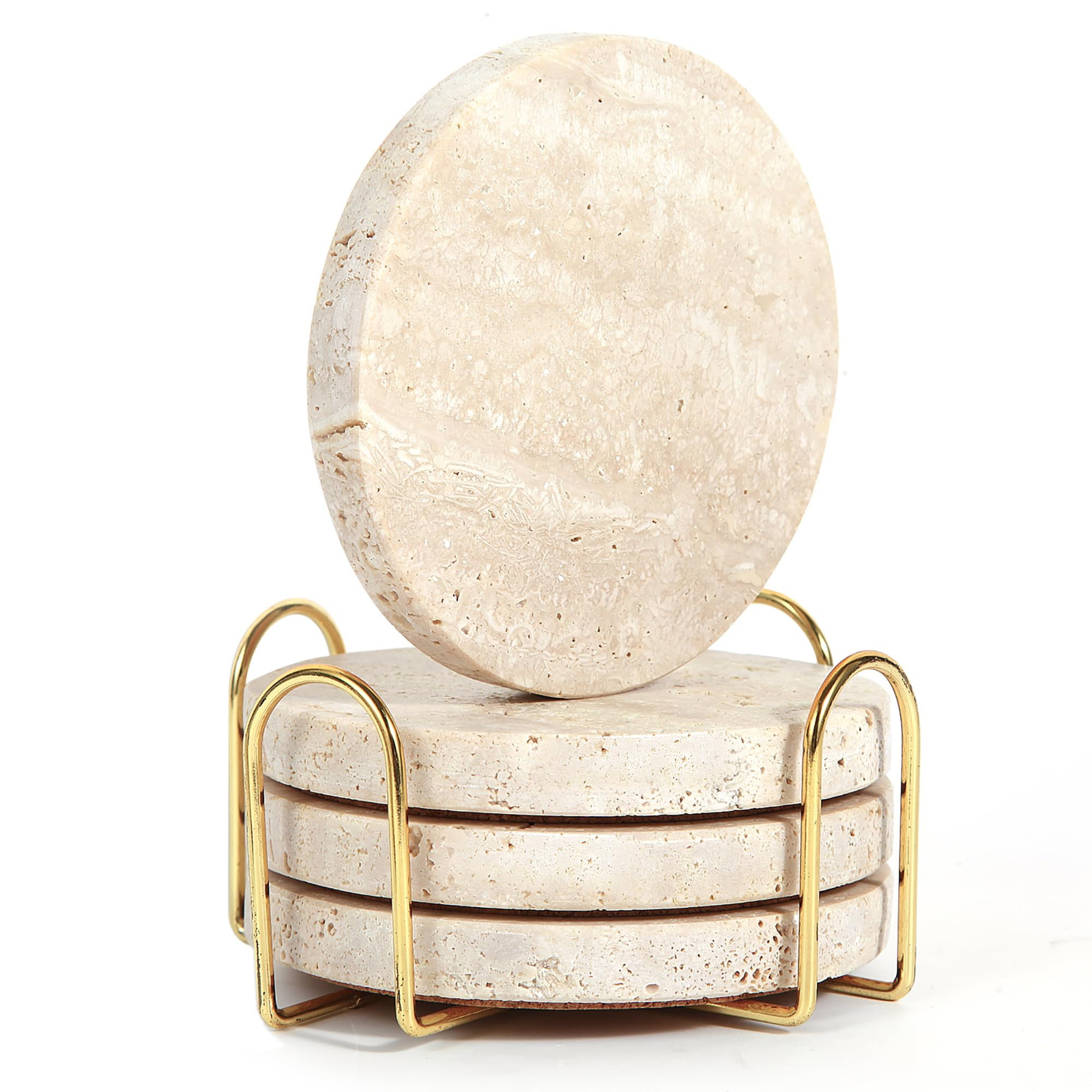 4Pcs Travertine Coasters with Nature Limestone Material and Gold Metal Holder, 4”Diameter Round... | Amazon (US)