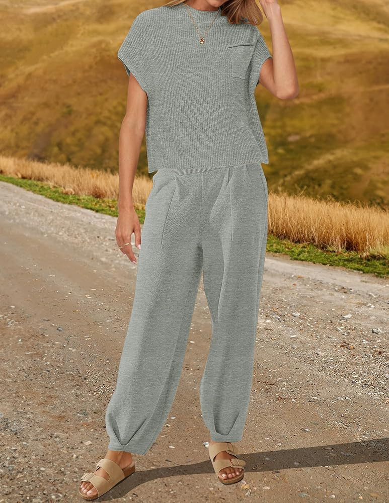 ZESICA Women's 2 Piece Outfits Sweater Set Short Sleeve Mock Neck Knit Pullover Top High Waist Pa... | Amazon (US)