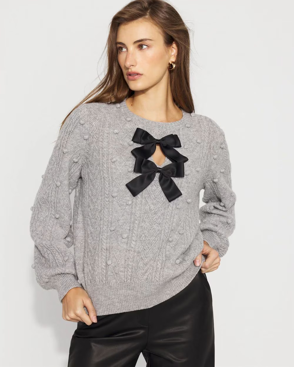 Satin Bow Cable Knit Sweater | White House Black Market