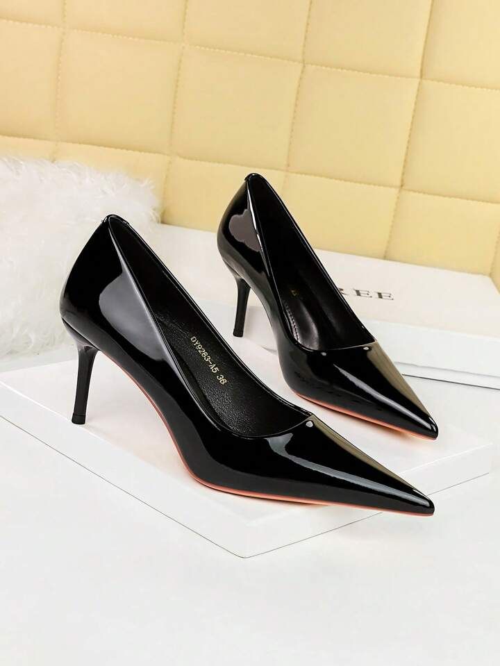 9283-A5 European And American Simplicity Patent Leather High-Heeled Shoes Women\ Fine Heels Shall... | SHEIN