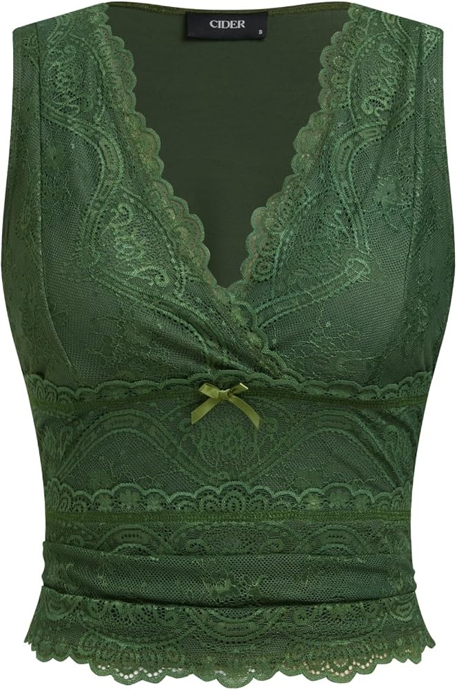 CIDER Lace Crop Tank Tops for Women Going Out V Neck Sleeveless Ruched Tops Trendy Y2K Summer Out... | Amazon (US)