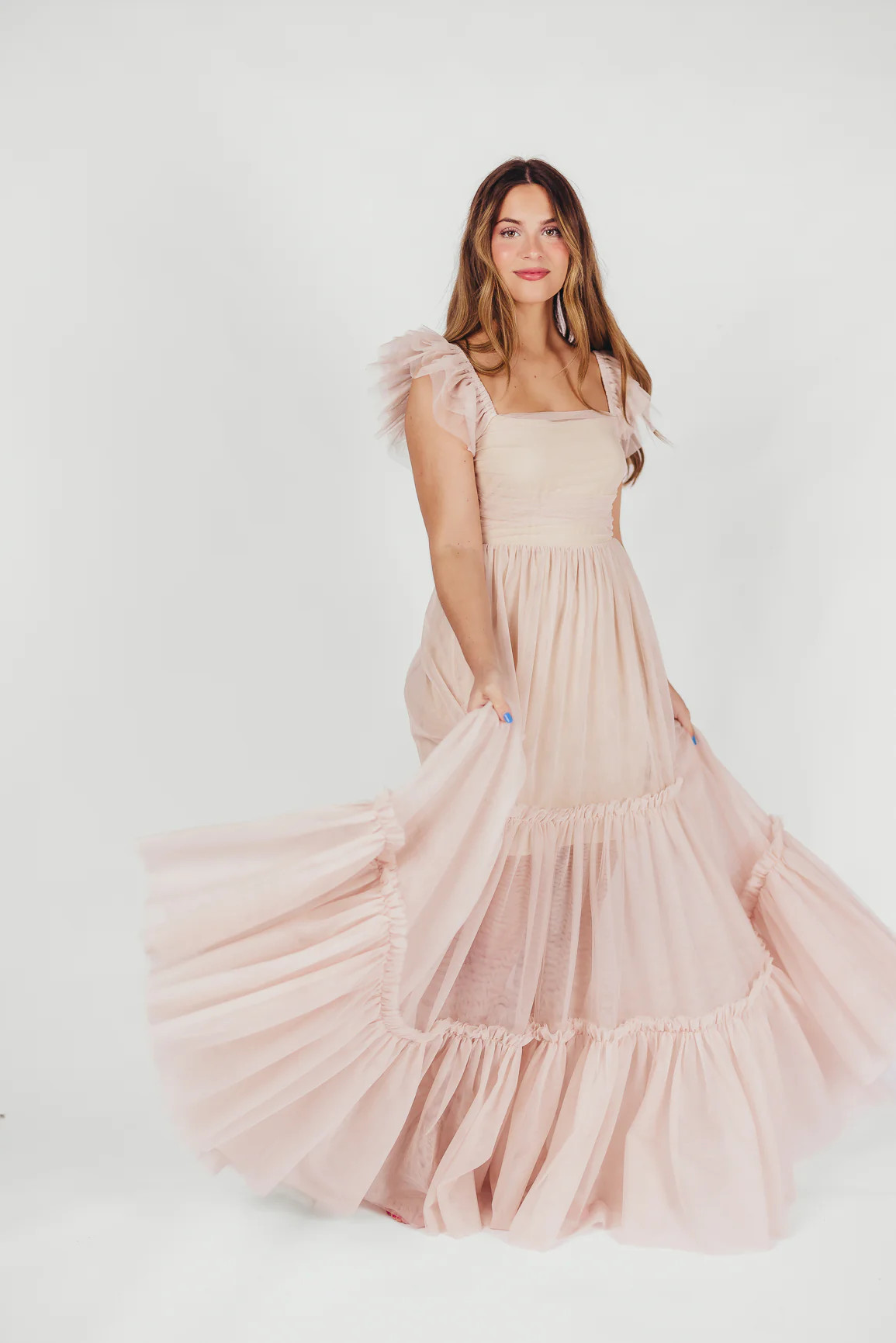 Bella Tiered Tulle Maxi Dress in Peachy Nude - Bump Friendly & Inclusi | Worth Collective