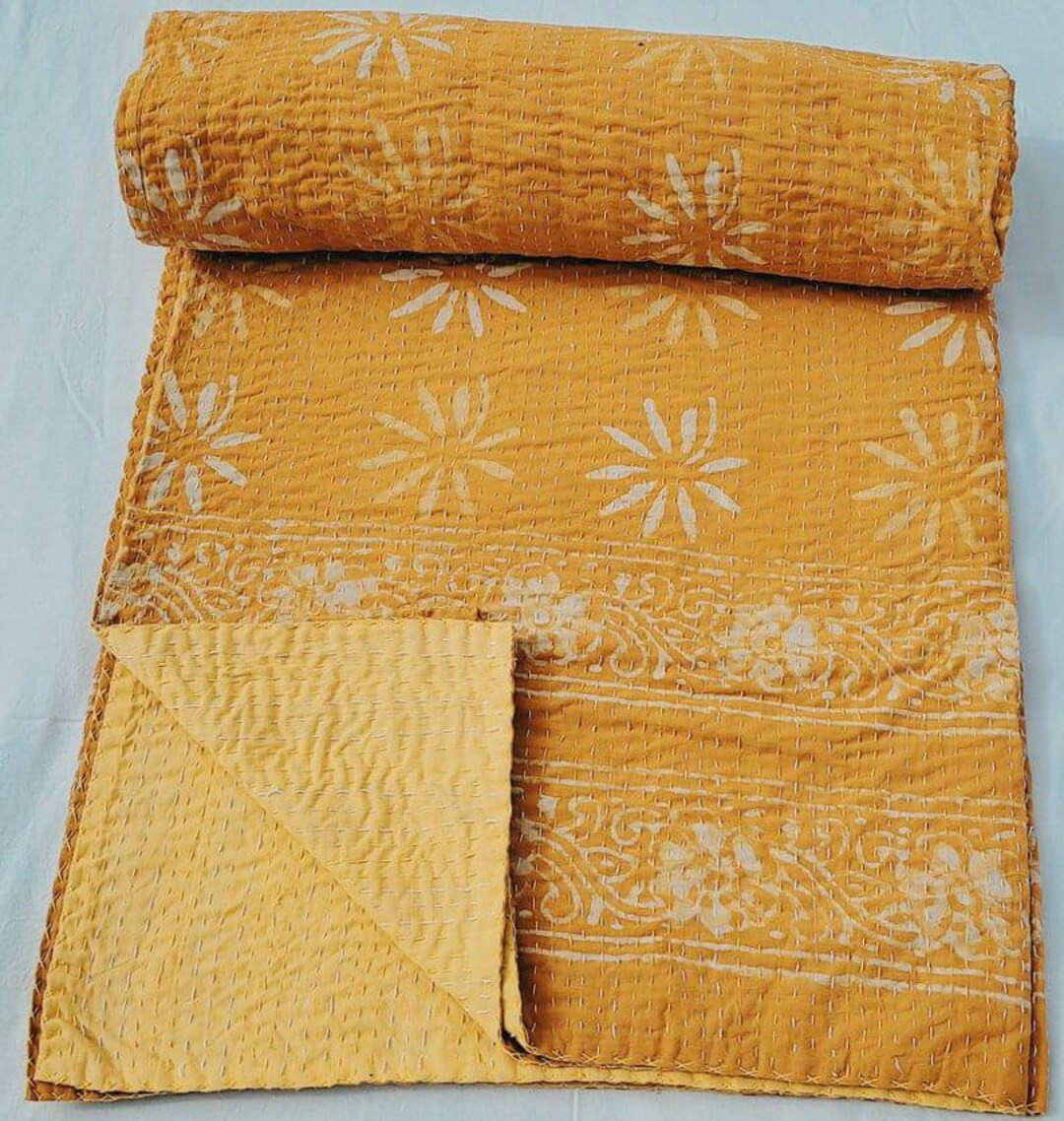Leaf Kantha Quilt Bedding Bedspread Queen Size Quilt Indian Kantha Throw Kantha Block Printed Flo... | Etsy (US)