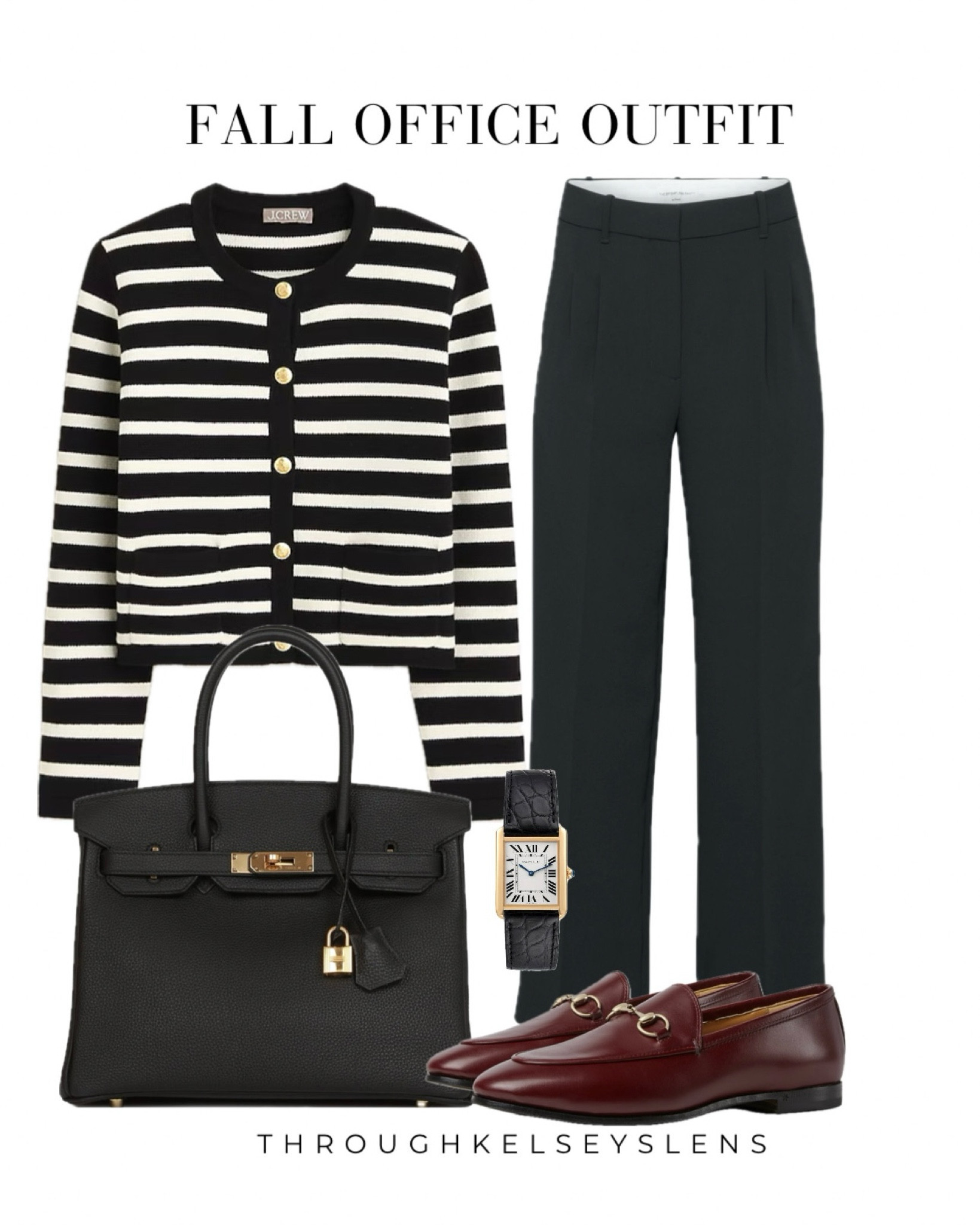 Fall Office Outfit
- J. Crew striped Emilie cardigan
- Aritzia effortless pants
- black Birkin 30
- Gucci Jordaan loafers in rosso ancora
- Cartier tank watch
#office #workwear #officewear #falloutfit 

#LTKWorkwear #LTKStyleTip #LTKItBag