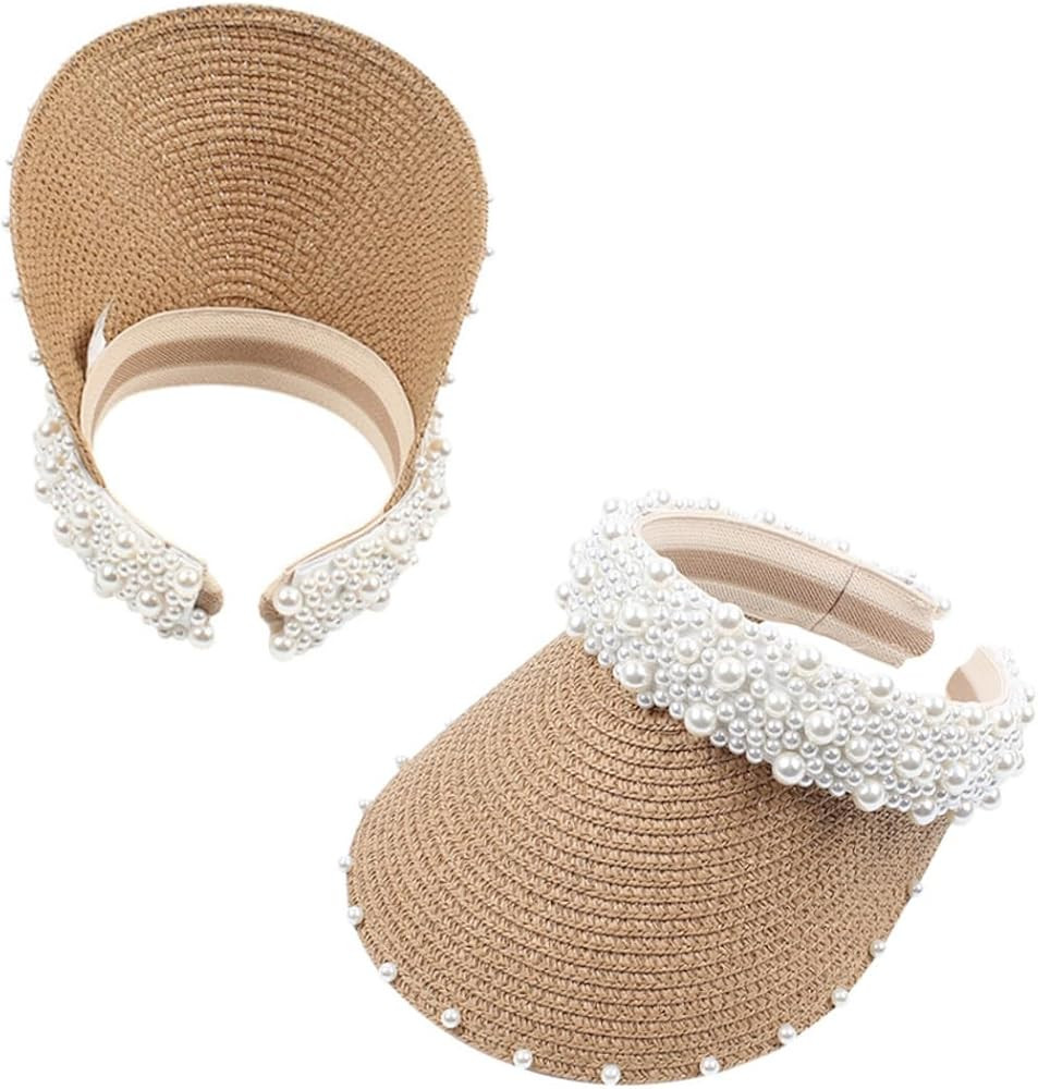 PACKOVE Beach Visor Hat Visor Cap Straw Visor Hat Woman Visor Hat Beach Straw Hat Pearl Visor Cap | Amazon (US)