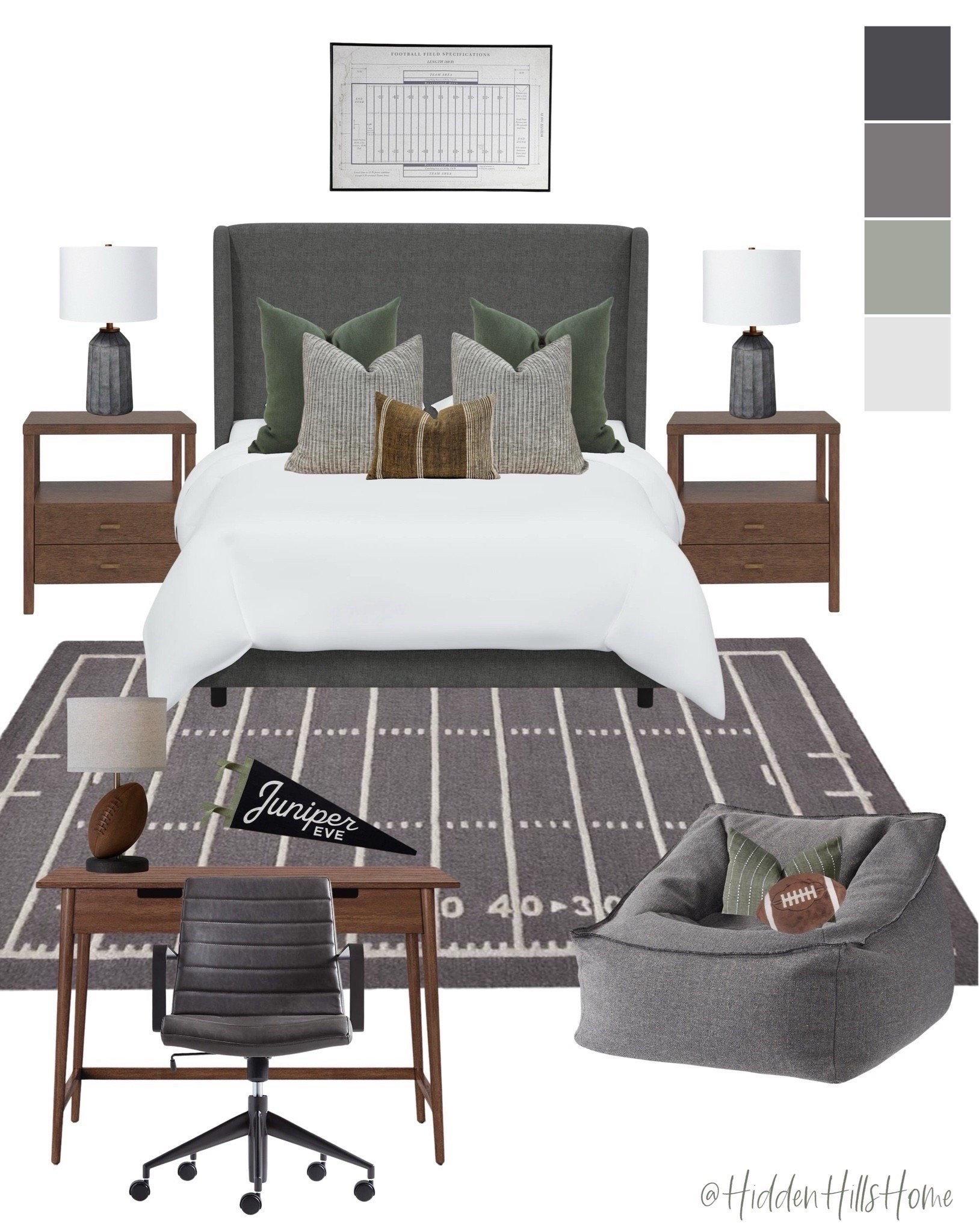 Boys football inspired bedroom mood board, football rug, teen boys bedroom design #boys