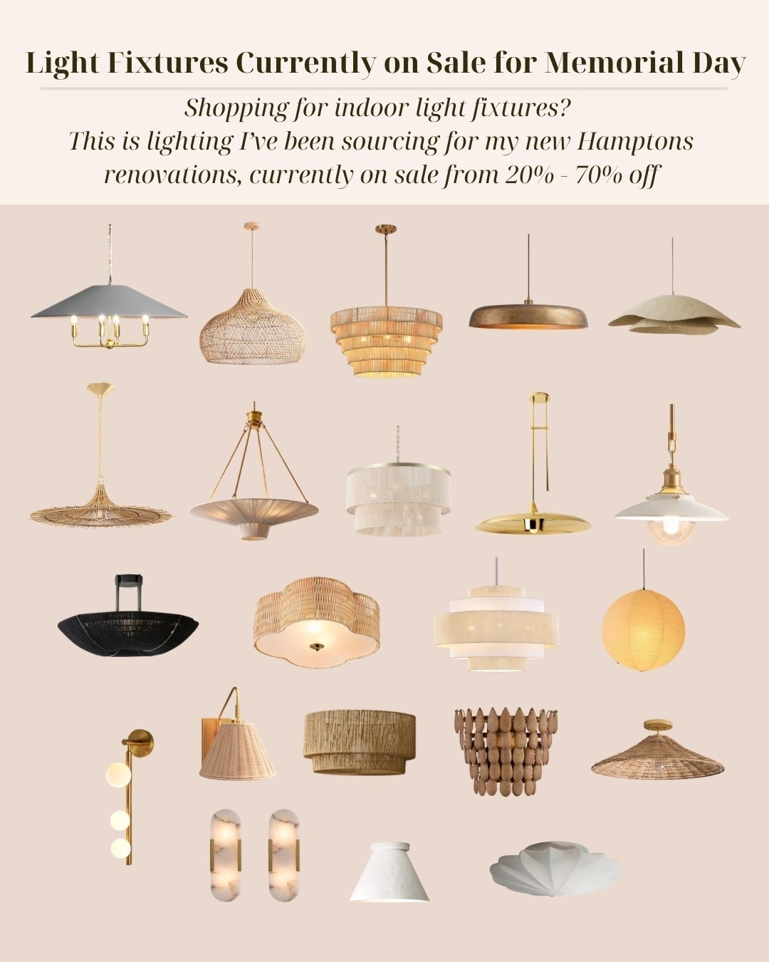 Indoor lighting I’ve been sourcing lately for Hamptons renovation projects — all currently on sale for Memorial Day.

Pulled together a mix of woven, brass, plaster, linen, and sculptural fixtures I’d use in kitchens, bedrooms, living rooms, and entryways. Most are currently 20–70% off. Linked exact pieces below.

#MemorialDaySale

#LTKSaleAlert #LTKHome