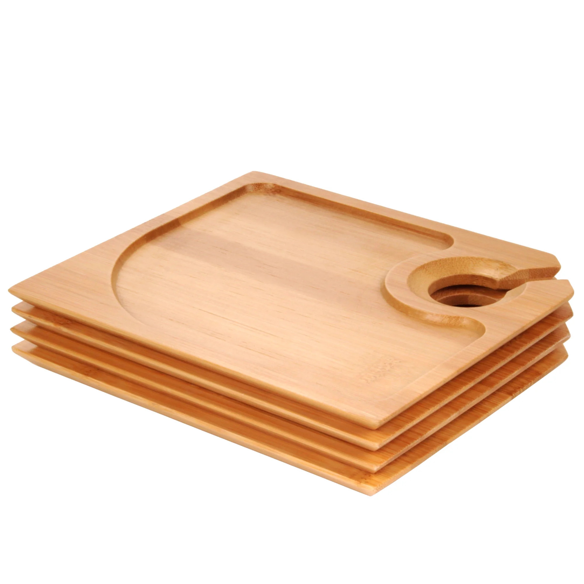 BambooMN 7" x 5.9" Bamboo Cocktail Appetizer Plates with Wine Glass Holder, 4 Pieces | Walmart (US)