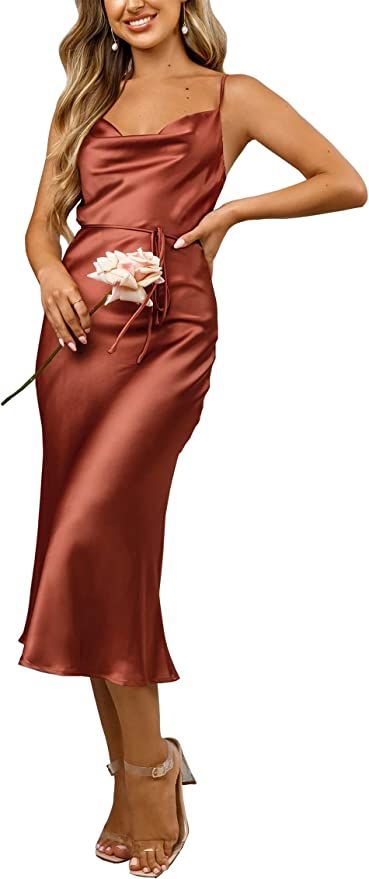 Women's Sleeveless Spaghetti Strap Satin Wedding Guest Party Dress Cocktail Evening Cowl Neck Bac... | Amazon (US)