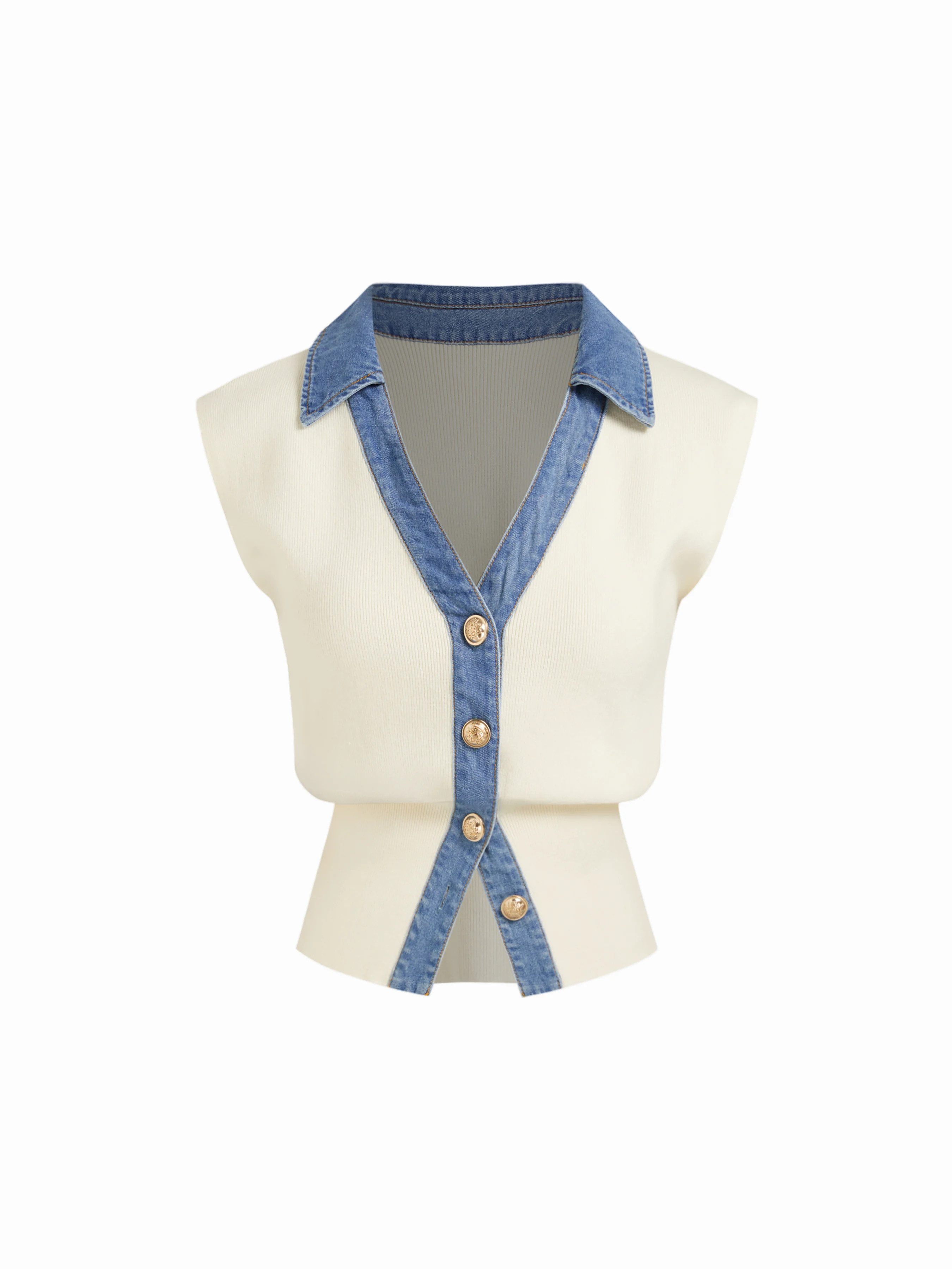 Knit Fabric Knit V-Neck Metal Button Denim Contrasting Binding Vest For Daily Casual Work | Cider