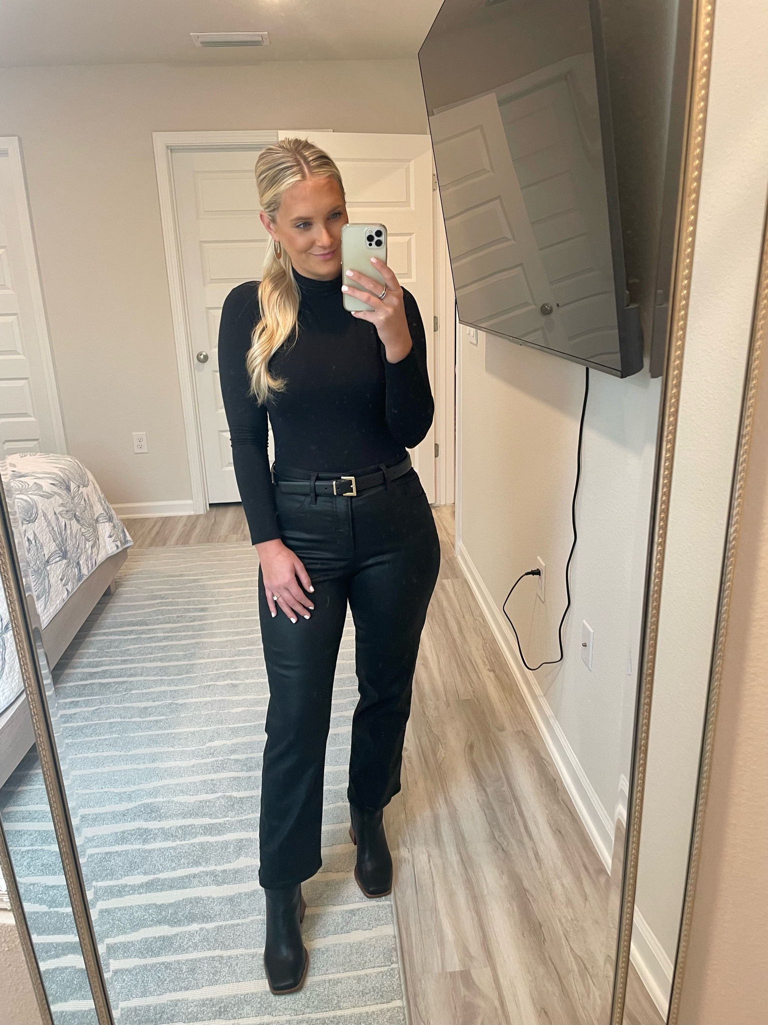 My favorite business casual pants right now!!! I’ll add a cardigan or blazer if it’s cold. 

black pants dress work simple ootd outfit daily work wear sale belt gold boots heel straight leg jeans black denim turtle neck winter fall spring mid size 

#LTKmidsize #LTKsalealert #LTKfindsunder50