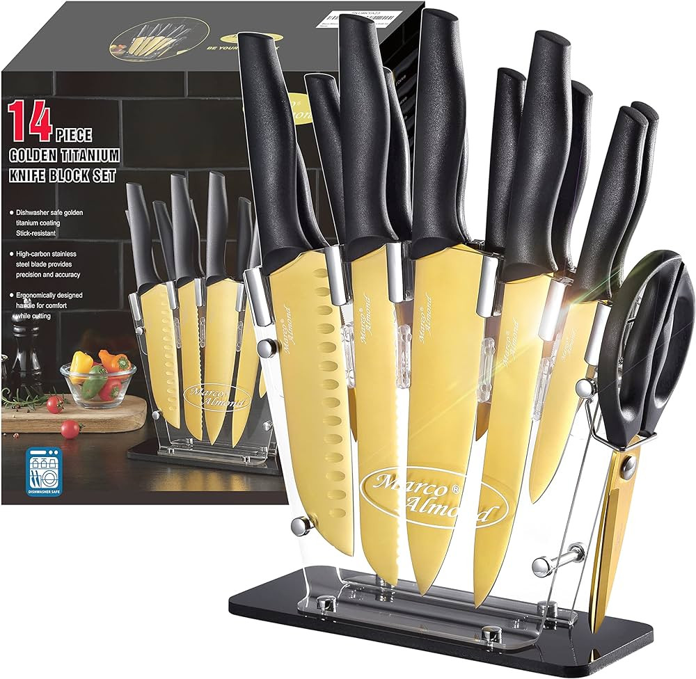 Kitchen Knife Set- Marco Almond® KYA23 Golden Titanium Knife Set with Block 14 Piece Stainless S... | Amazon (US)