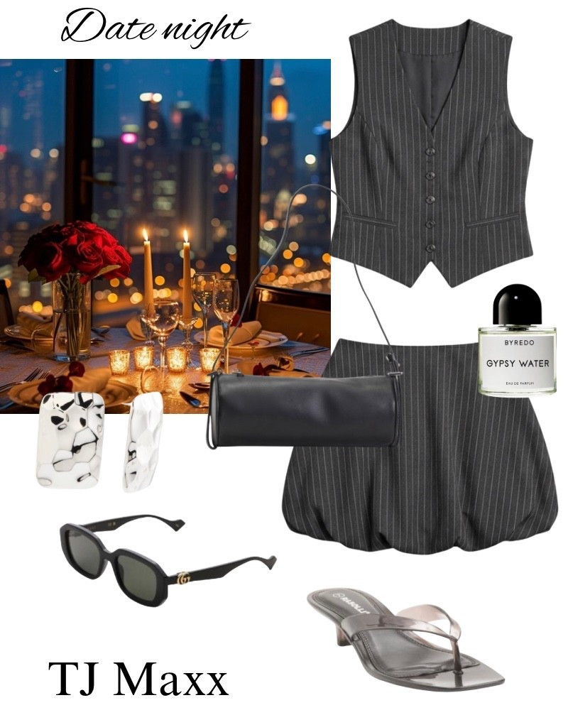Date night outfit idea on sale at TJ Maxx, bubble skirt, gray, Gucci, sunglasses, silver, earrings, jelly, heels, gypsy water, perfume, summer, black purse.

#LTKootd #LTKSaleAlert