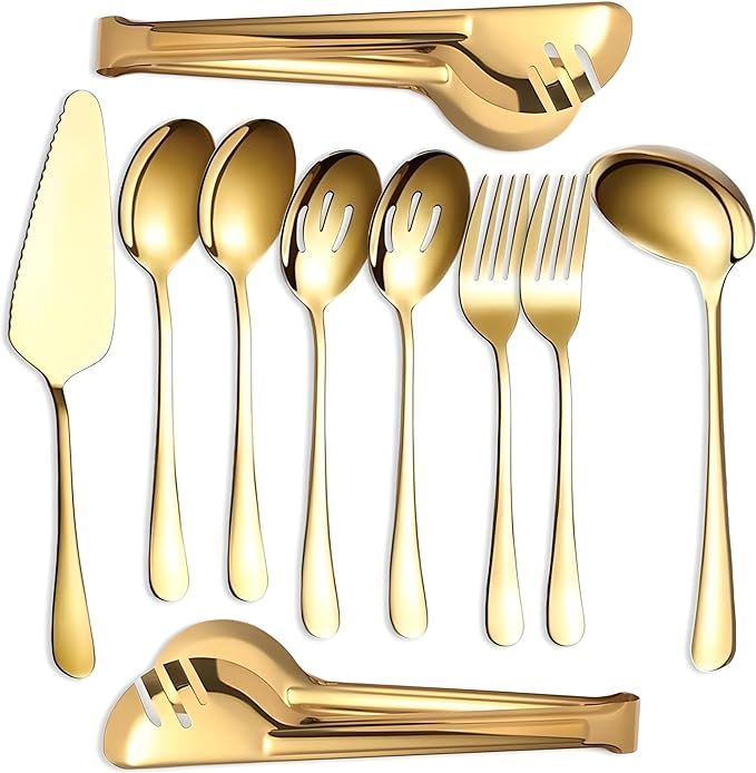 Serving Utensils Set Gold 10-Piece - Stainless Steel Stunning Mirror-Finish, Lightweight, Dishwas... | Amazon (US)