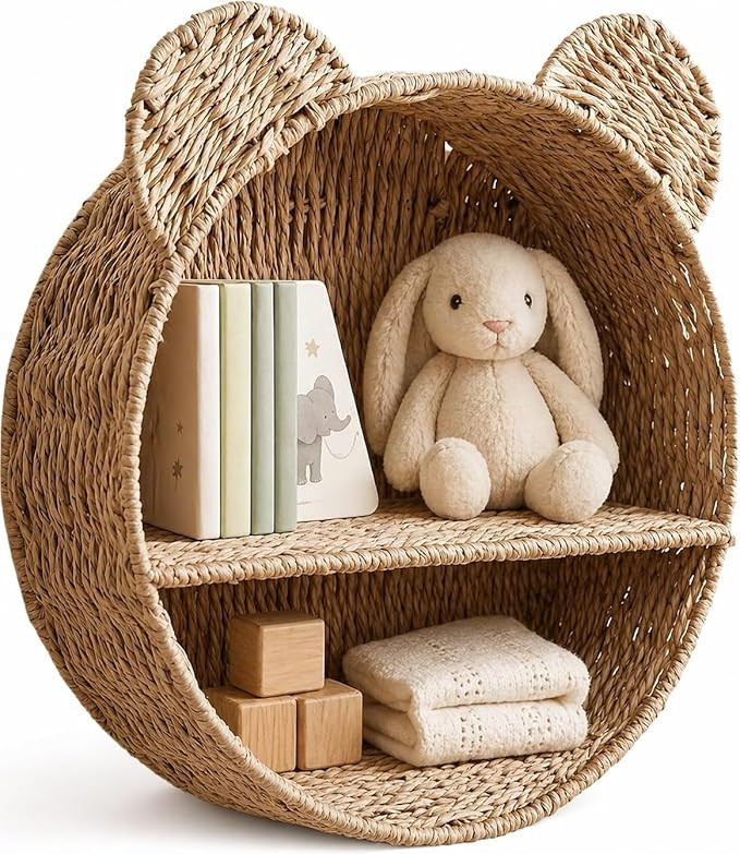 Woven Wall Basket Shelf Bear Nursery Decor — Boho Handwoven Hanging Wall Decor for Kids Room, P... | Amazon (US)