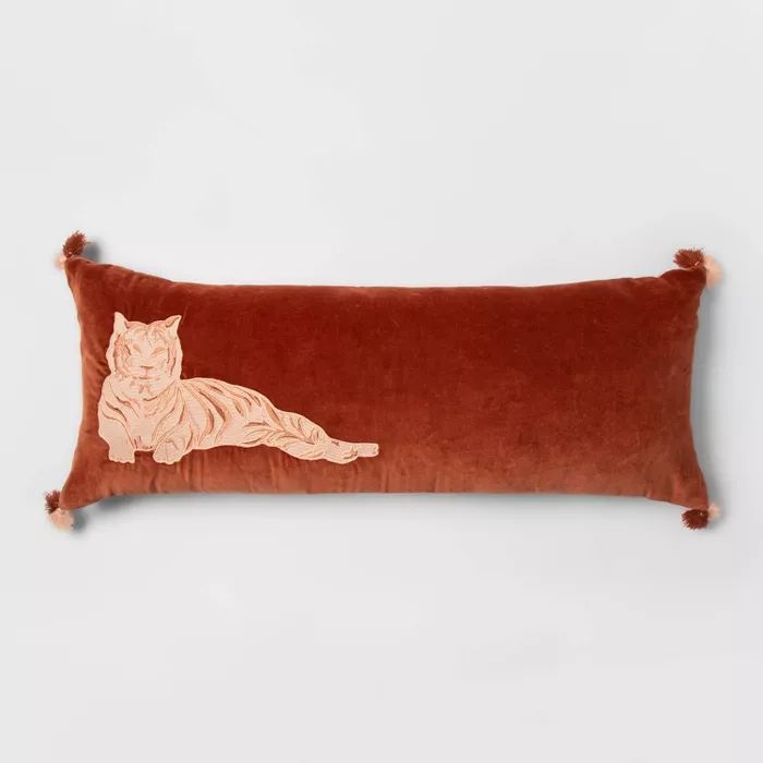 Oblong Oversize Tiger Embroidered Velvet Decorative Throw Pillow Bronze - Opalhouse™ | Target