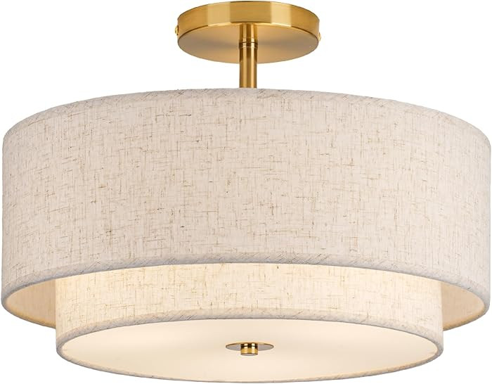 16" Double Drum Gold 3-Light Semi Flush Mount Ceiling Light, Classic Fabric Linen Shade Design fo... | Amazon (US)