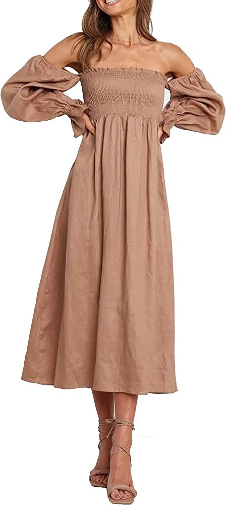 R.Vivimos Summer Dress for Women Long Sleeve Casual Plaid Print Smocked Off Shoulder A-Line Midi Dre | Amazon (US)