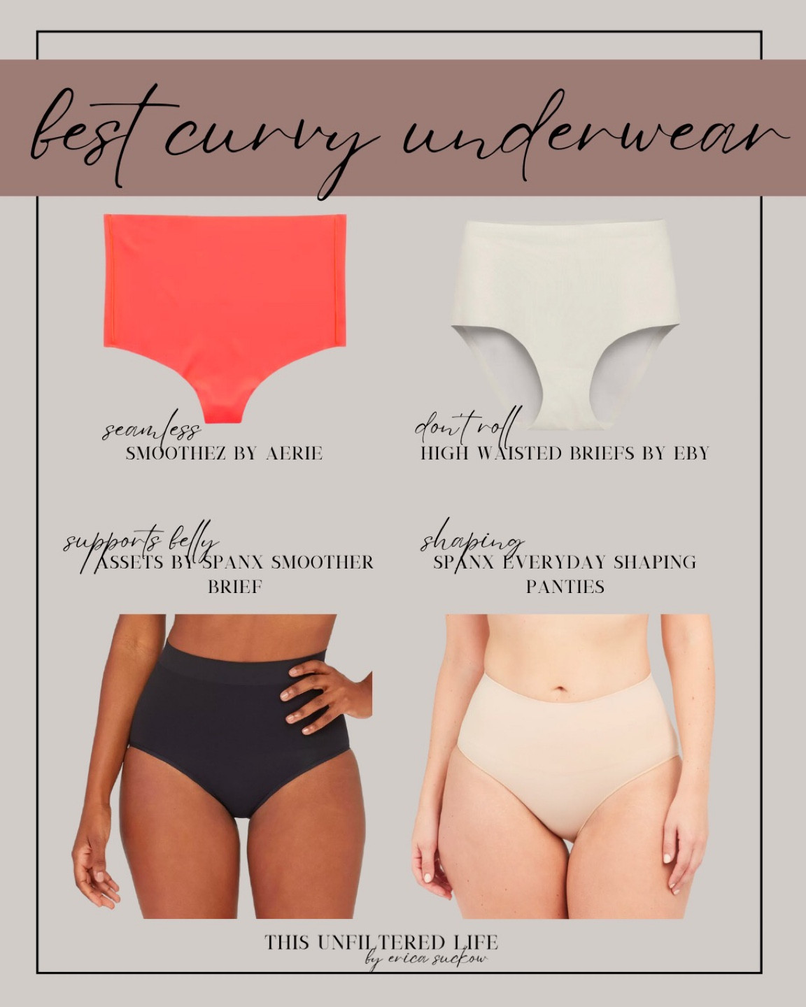 Best curvy underwear
I love the high waisted briefs from EBY, SMOOTHEZ by aerie, and spanx everyday underwear 

#LTKcurves #LTKstyletip #LTKFind