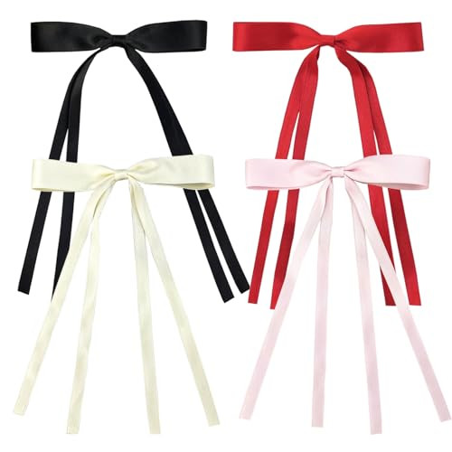 SALOCY Hair Clip for Women and Girls, 4 PCS Hair Ribbons with Long Tail, Big Ribbon Bows Satin Hair Clip for Hair Design (Pink, Red, Black, Beige) | Amazon (US)