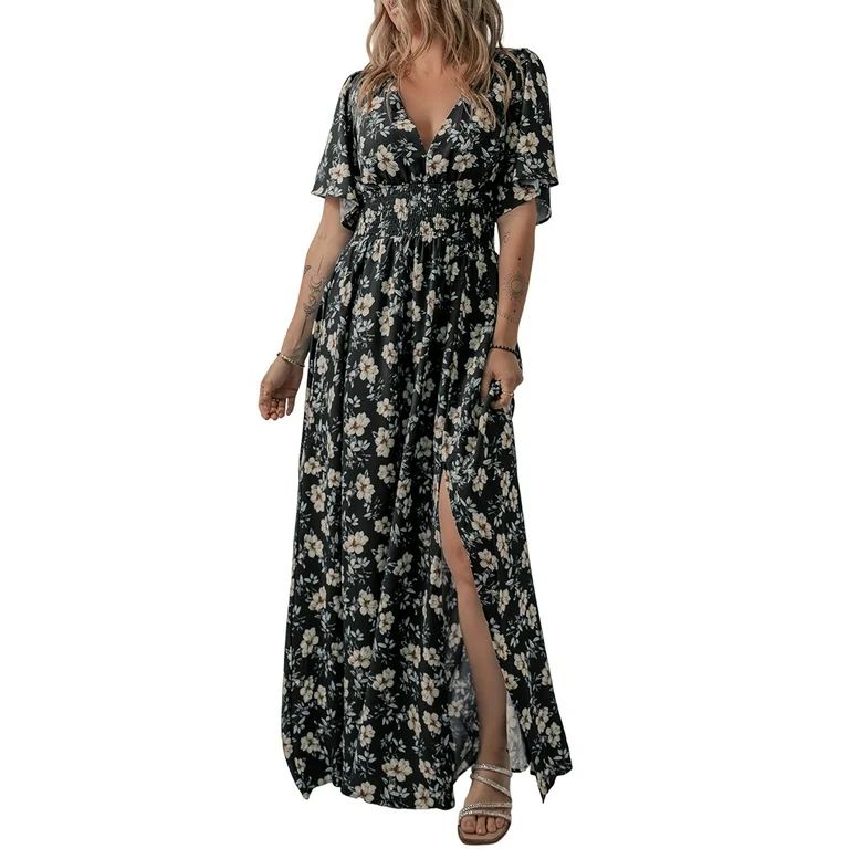 Dokotoo Women's Maxi Dresses Casual Flowy Ruffle Sleeve Summer Dresses Plunge V Neck Smocked Wais... | Walmart (US)