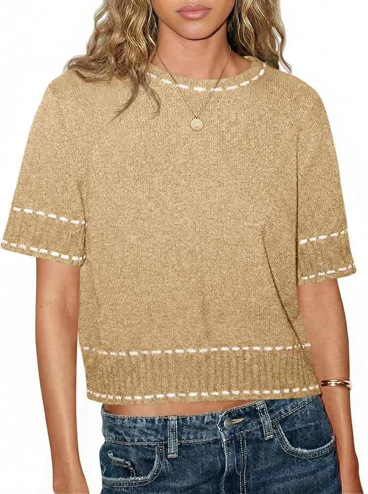 Saodimallsu Womens Crew Neck Sweaters Short Sleeve Cropped Sweater Loose Knit Trendy Pullover Top... | Amazon (US)