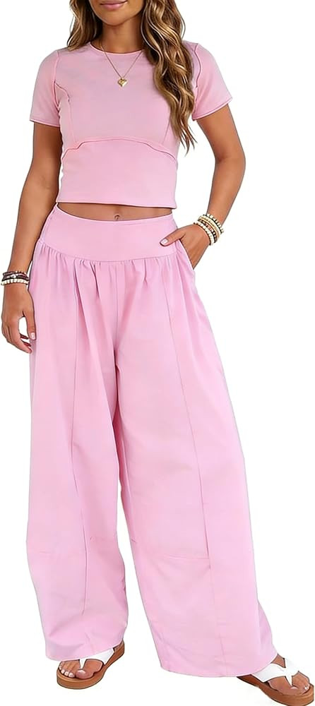 Zontroldy Women's 2 Piece Sweatsuits Sets Casual Cropped Top Sets Short Sleeve Shirts Athletic Tr... | Amazon (US)