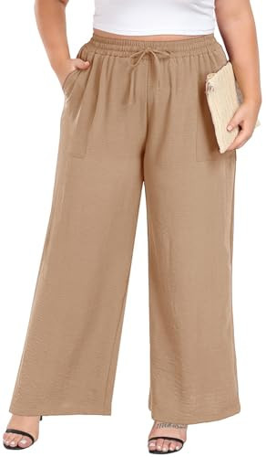 Lastshe Womens Plus Size Khaki Pants Wide Leg High Waist Drawstring Lightweight Lounge Trousers with Pockets Ladies Tan Pants,Khaki,2X | Amazon (US)
