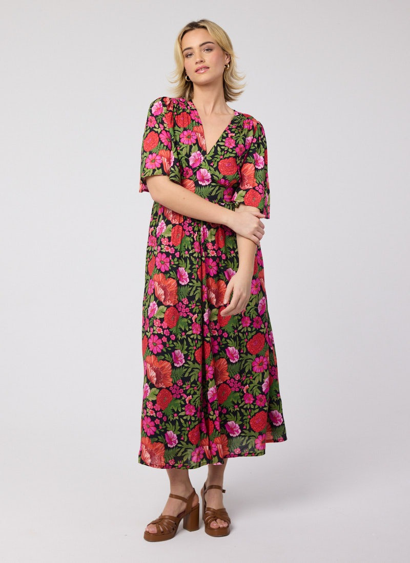 Desdemona Pink Floral Print Midi Dress | Joanie