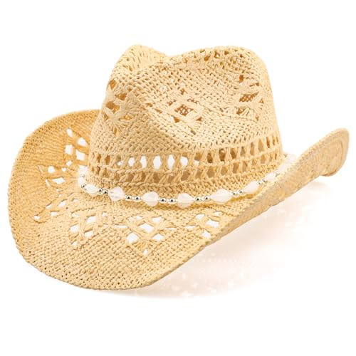 WQWOVRVO Cowboy Hat,Cowgirl Hat,Cowboy Hats for Women/Mens/Straw Wide with Shapeable Brim Cowboy Hats for Womens/White/Black/Beige (Beige+White) | Amazon (US)