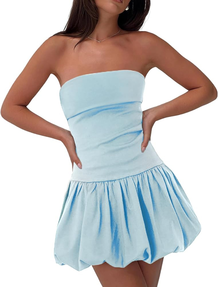 HYPERFIRE Women's Elegant Strapless Tube Bubble Mini Dress Bow Back Dresses Wedding Club Party | Amazon (US)