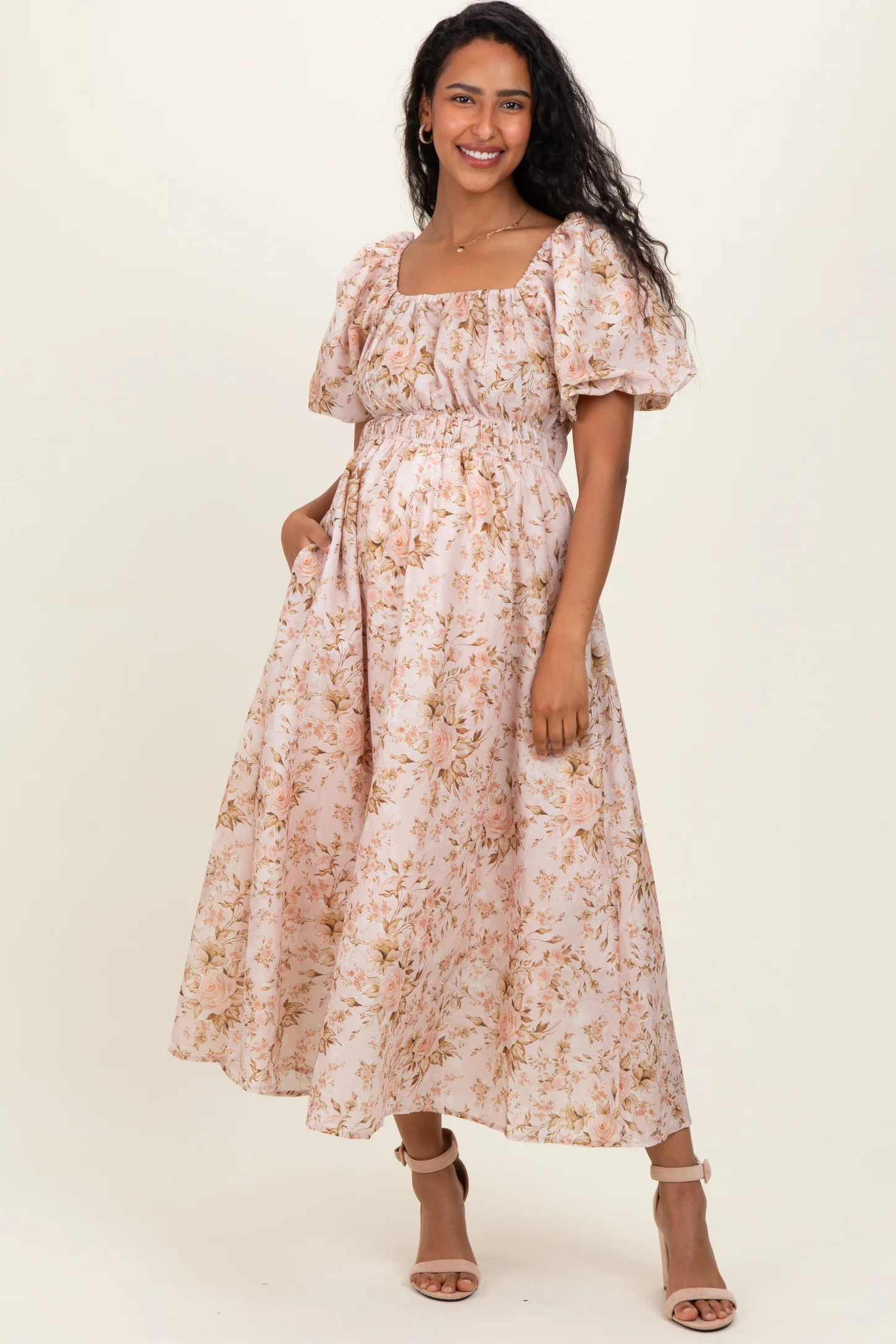 Beige Floral Puff Sleeve Maternity Midi Dress | PinkBlush Maternity