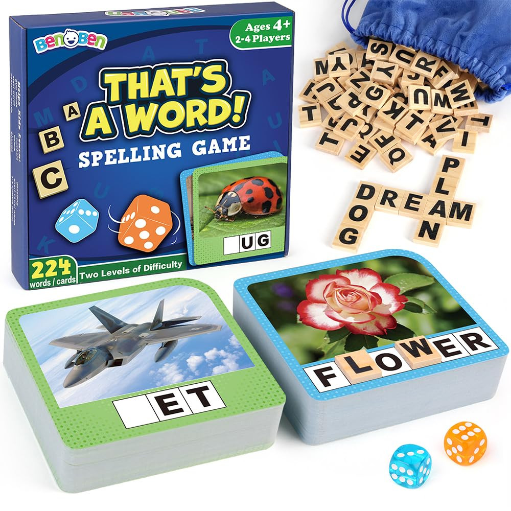 BenBen Spelling Games, 224 Flashcards, 208 Wood Letter Tiles, 1-4 Players, Learning Games for Kid... | Amazon (US)
