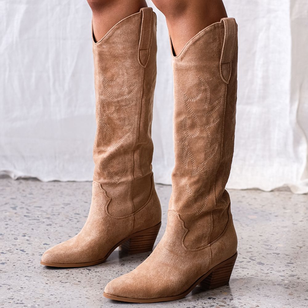 Almond Toe Embroidered Below the Knee Cowgirl Boots in Brown | FSJshoes