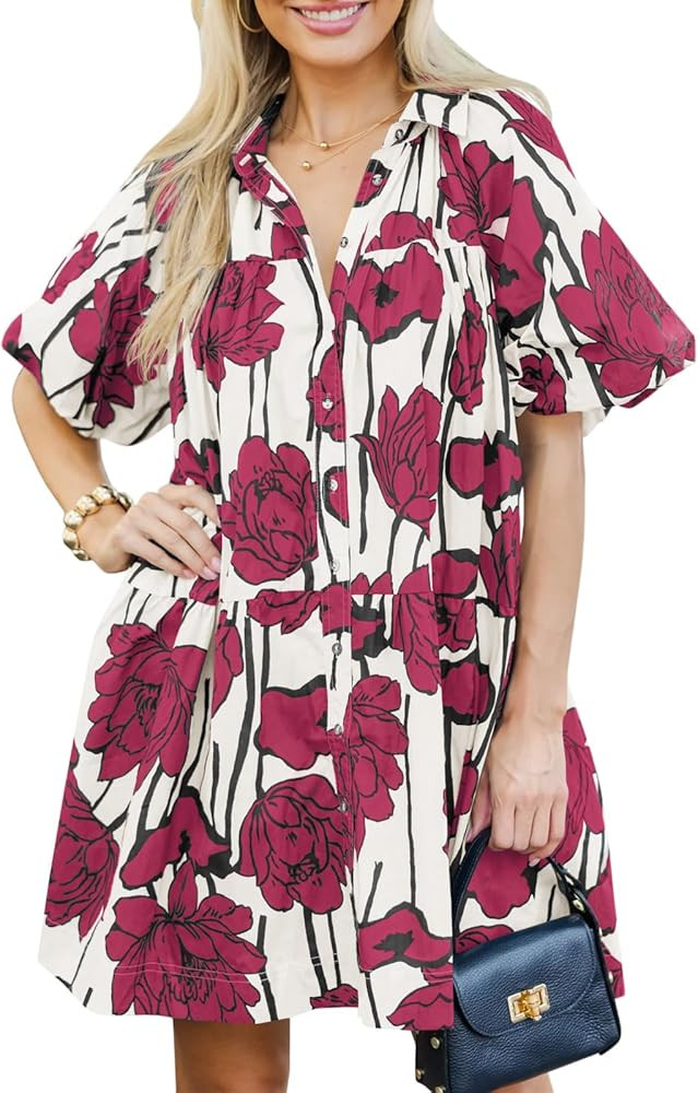 Wenrine Women's Summer Button Down Shirt Dress Floral Puff Short Sleeve Casual Loose Fit Beach Mi... | Amazon (US)