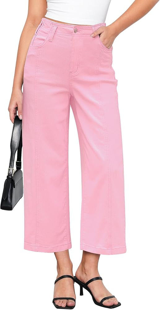 GRAPENT Wide Leg Jeans Woman Trendy Cropped High Waisted Front Seam Casual Stretchy Denim Trouser... | Amazon (US)