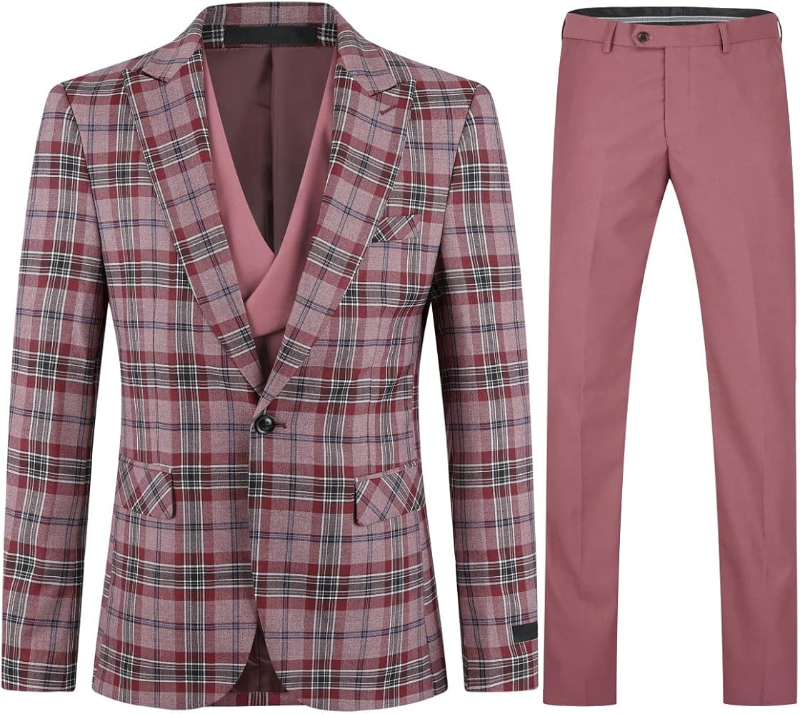 Cloudstyle Mens 3-Piece Plaid Suit Set Modern Fit Jacket Tux Blazer Vest Pants | Amazon (US)