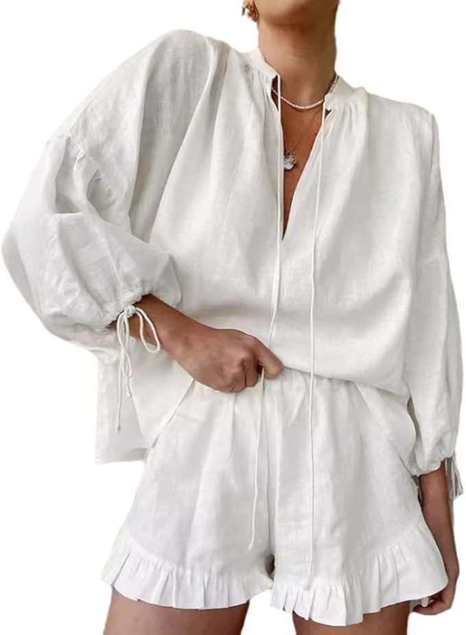 Women Ruffle 2 Piece Sets Long Sleeve Button Down Shirt and Shorts Pajamas Sets | Amazon (US)